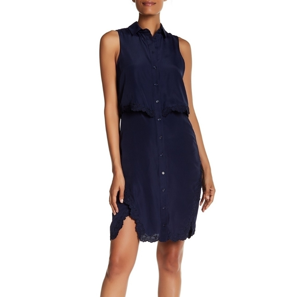 Parker overlay shirt dress navy blue lace collared size small